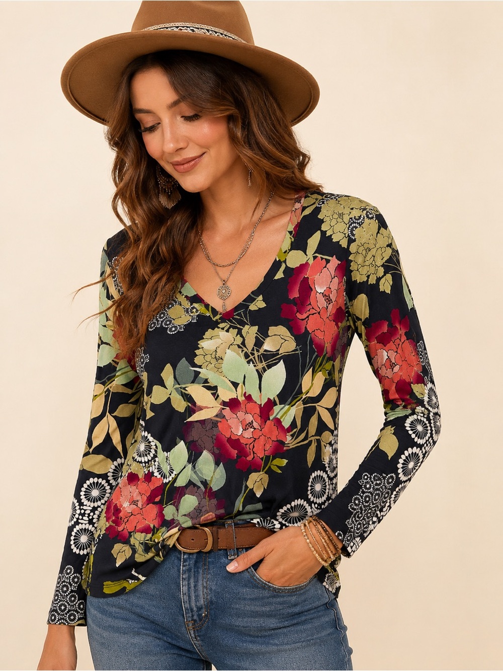 Johnny Was Sierra Favorite V Neck Tee Boho Floral Top